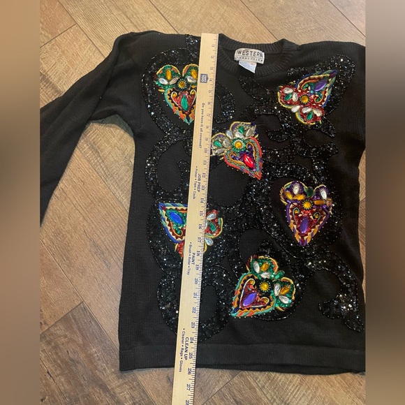 Vintage Western Connection Sequin Beaded Heart Sweater Black Ramie Cotton Size S - Picture 7 of 10
